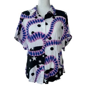 SUNBURST KISS women's button down shirt abstract short sleeved collared